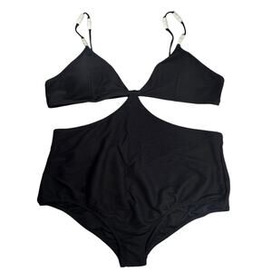 R J.Crew Black Ribbed Cutout One Piece Swimsuit with Pearls Womens Size 24 Cute